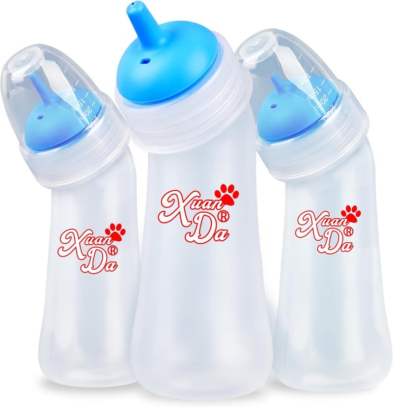 Xuanda Pet Feeding Bottle,3 Pack Wide Mouth Angled Nursing Bottle, 3 Sizes Nipples with Ventilation Valve Resistant Tearing Perfect for Puppies, Kittens, Small Wildlife（Blue） - Image 1